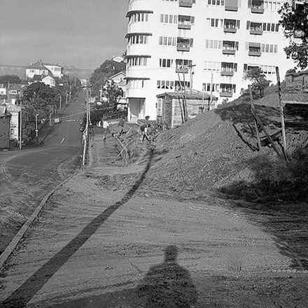 b. Streetscape showing damage to foot path caused by heavy machinery, multi storey apartment block at 312-320 The Terrace