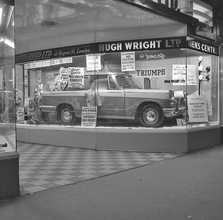 f. window display of Hugh Wright menswear clothing shop on Willis Street