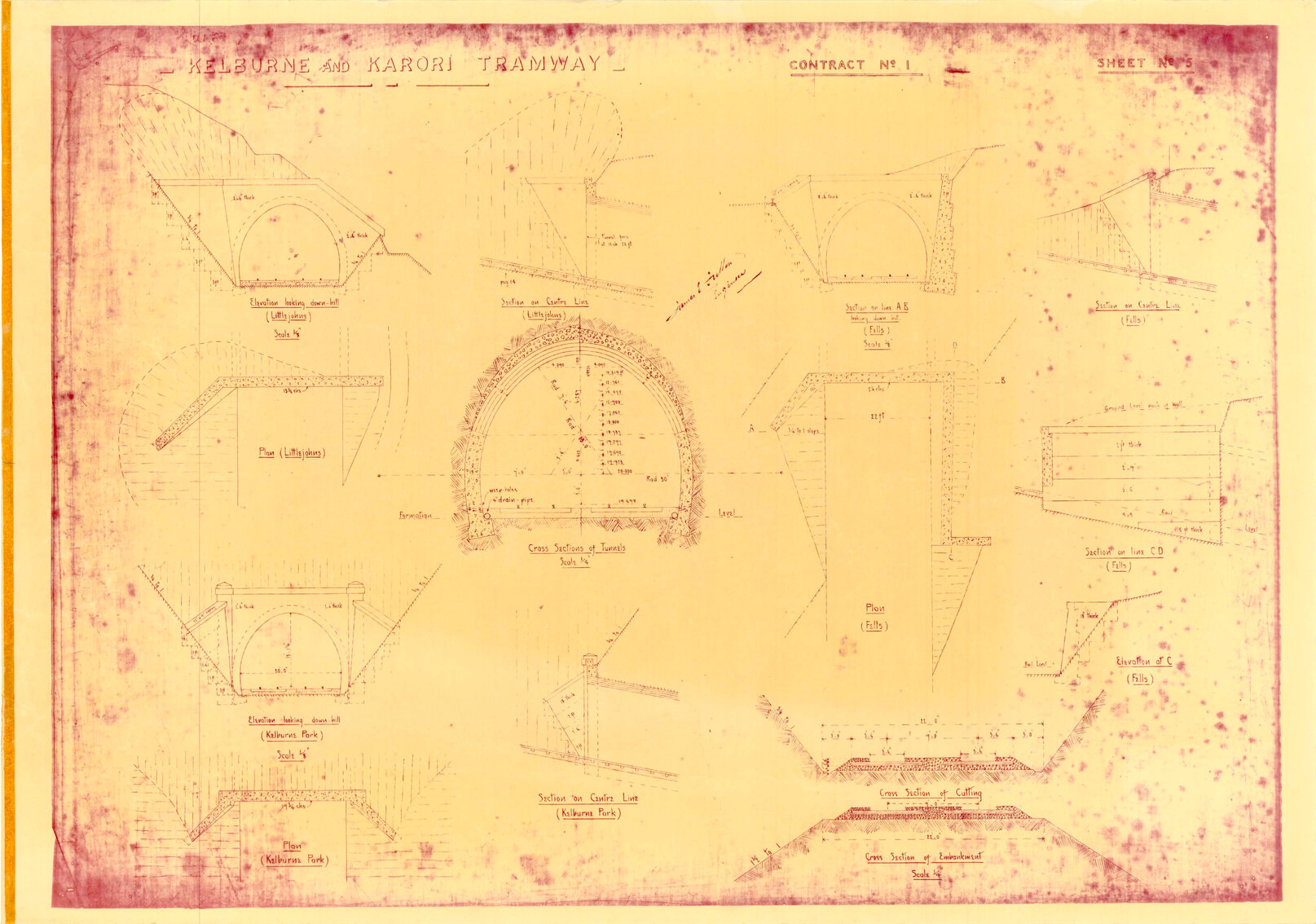 Kelburn Cable Car, Contract 1, Sheet 3, track, bridge sections, plans and elevations