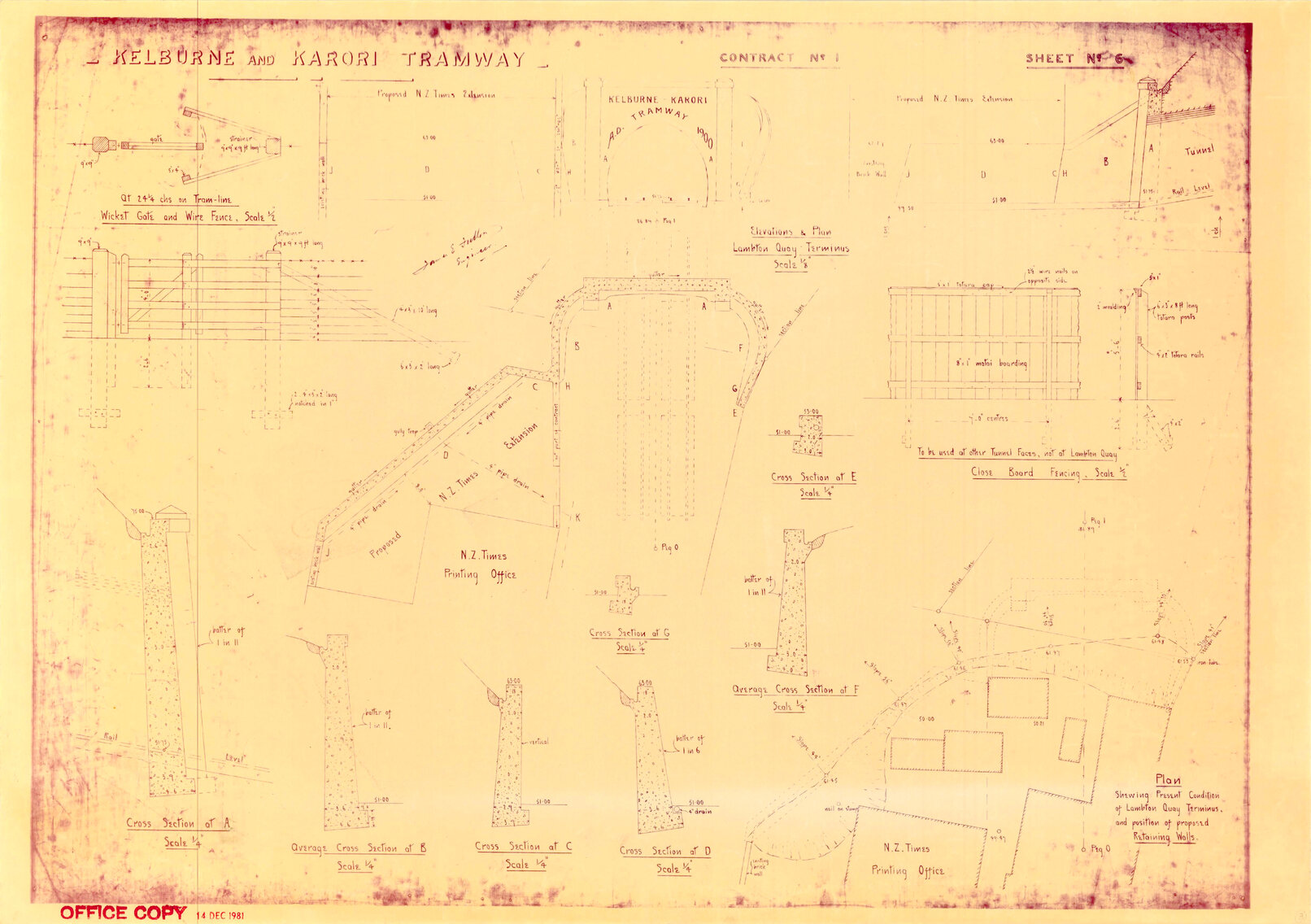 Kelburn Cable Car, Contract 1, Sheet 6, details of Lambton Quay Terminus, position of proposed retaining walls
