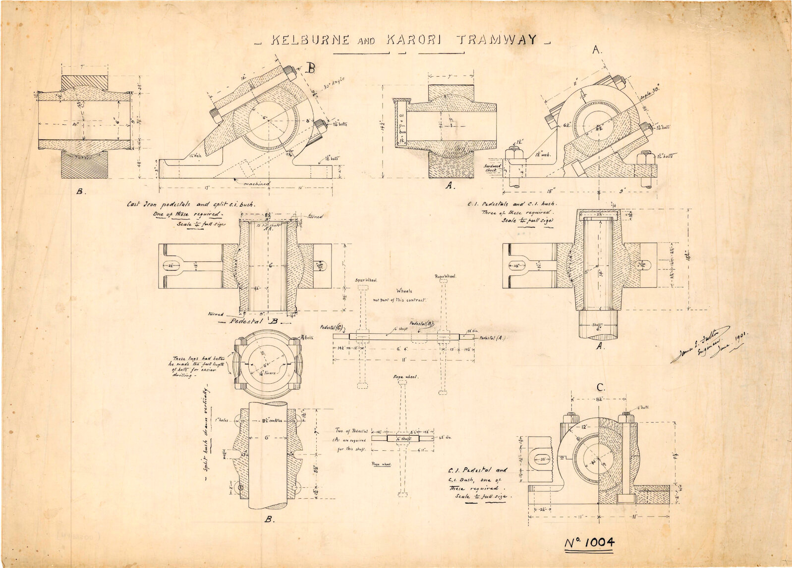 Kelburn Cable Car, Cast iron pedestals and cast iron split bush, details