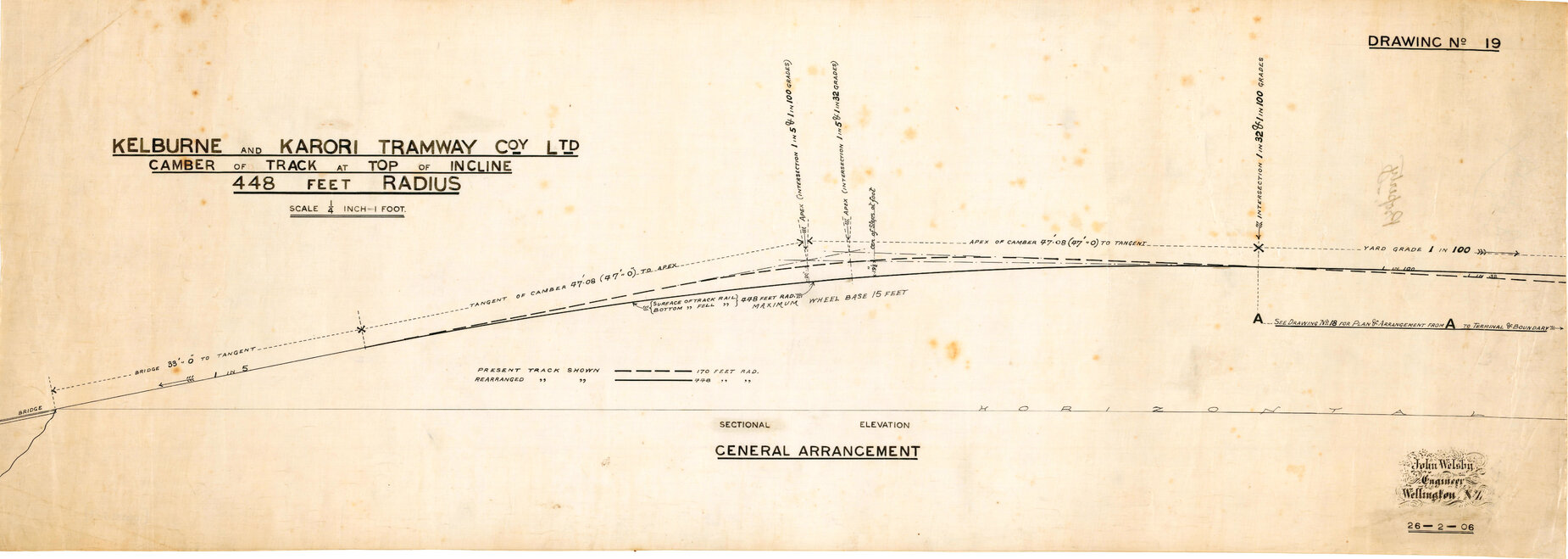 Kelburn Cable Car, camber of track at top of incline, 448 feet radius