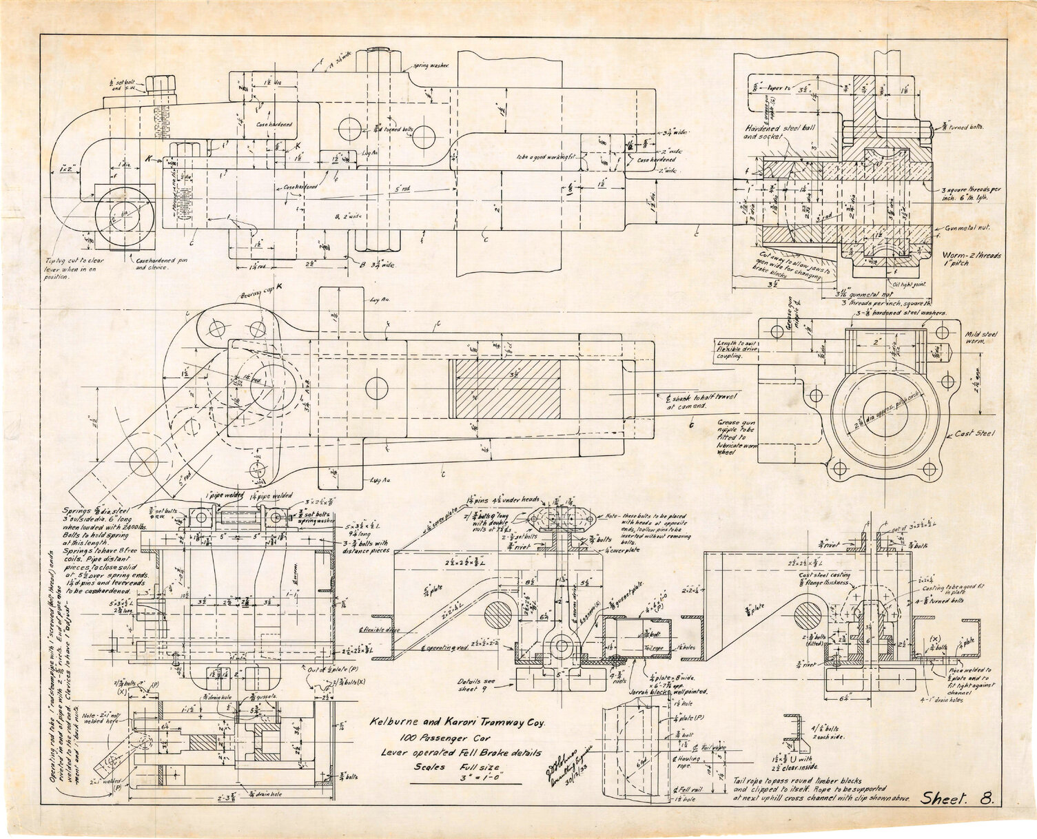 Kelburn Cable Car, 100 passenger car, Sheet 8, lever operated fell brake details