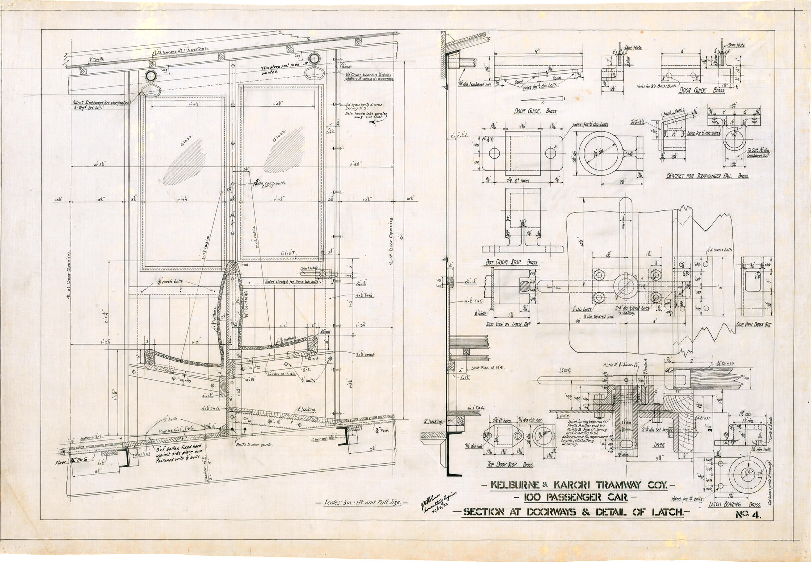Kelburn Cable Car, 100 passenger car, Sheet 4, section at doorways and detail of latch