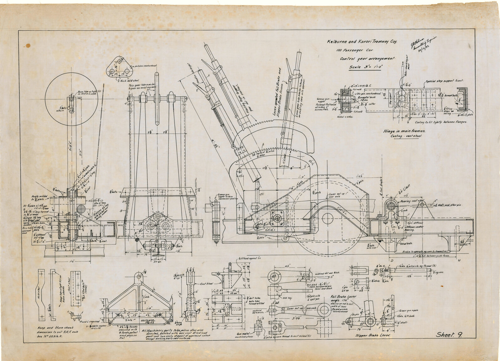 Kelburn Cable Car, 100 passenger car, Sheet 9, control of gear arrangement