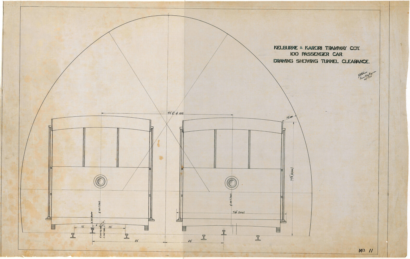 Kelburn Cable Car, 100 passenger car, Sheet 11, drawing showing tunnel clearance