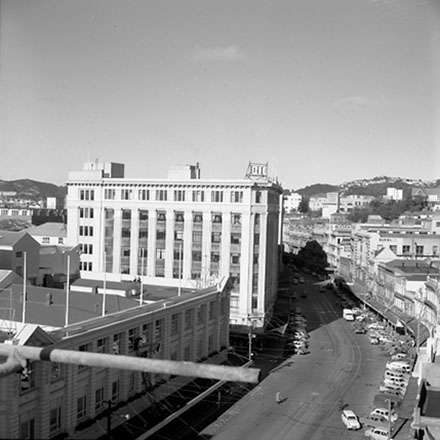 h. Lambton Quay, elevated view of Kirkcaldie and Stains, and DIC