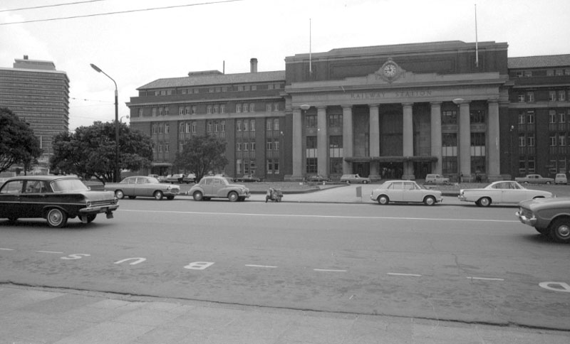 c. Front of railway station from roof of Waterloo Hotel and ground level