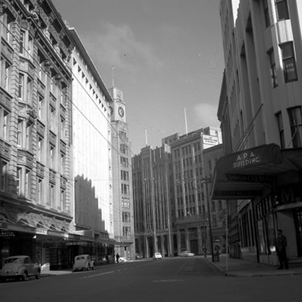 l. Streetscape, looking down Featherstone Street towards Lambton Quay