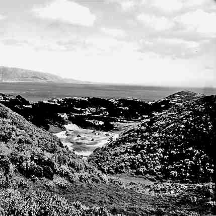 b. Elevated view of area being filled in by landfill and refuse. Pencarrow Head in the background