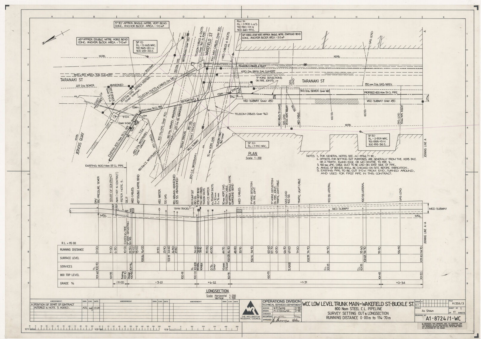 WCC Low Level Trunk Main, Wakefield Street to Buckle Street, 800 NOM Steel CL Pipeline, Survey Setting Out and Longsection Running Distance 0.00m to 114.70m