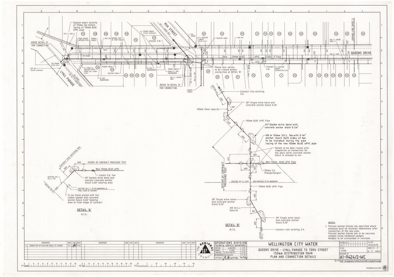 Wellington City Water, Queens Drive, Lyall Parade to Toru Street, 150 mm Distribution Main, Plan and Connection Details