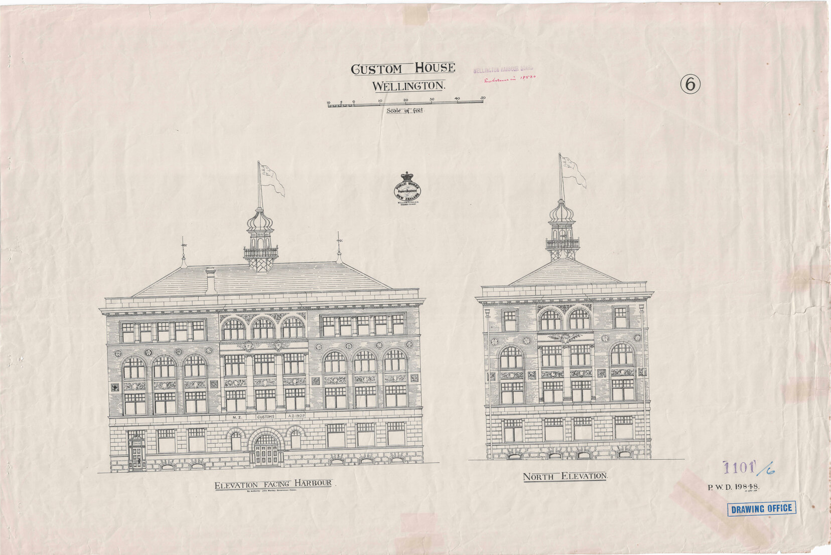 Waterloo Quay, Custom House, elevation to Waterloo Quay and South Elevation