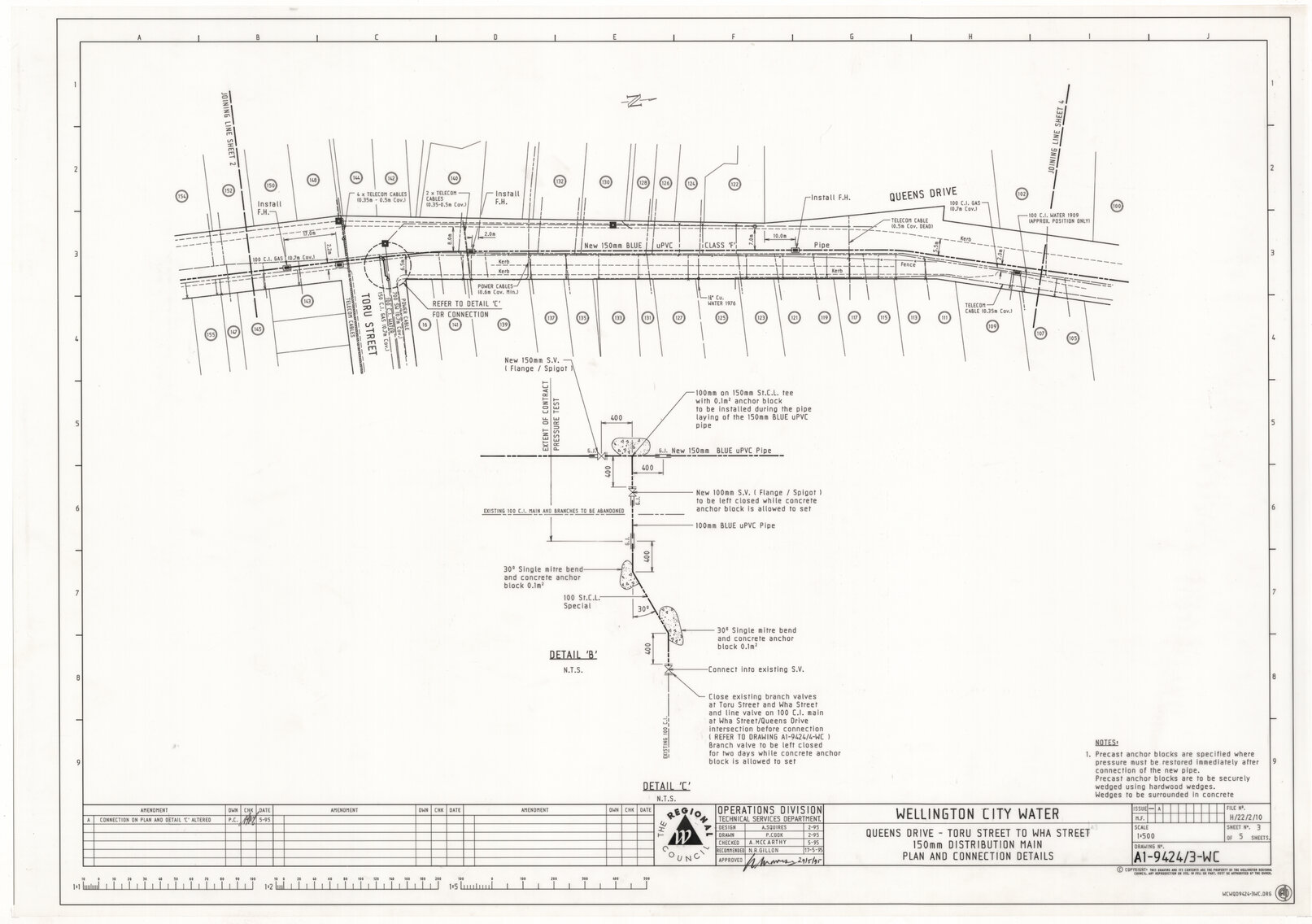 Wellington City Water, Queens Drive, Toru Street to Wha Street, 150 mm Distribution Main, Plan and Connection Details
