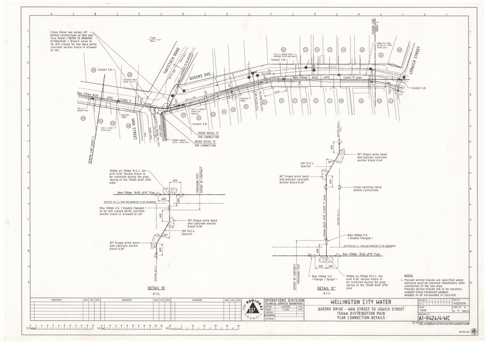 Wellington City Water, Queens Drive, Wha Street to Lerwick Street, 150 mm Distribution Main, Plan and Connection Details