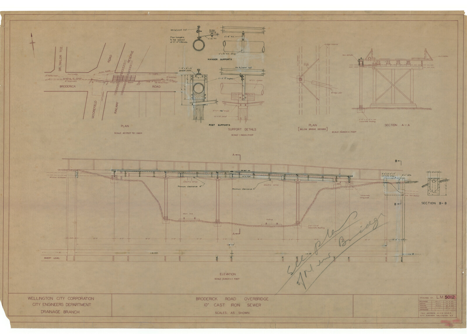 Broderick Road overbridge, 10" cast iron sewer, 12" steel sewer