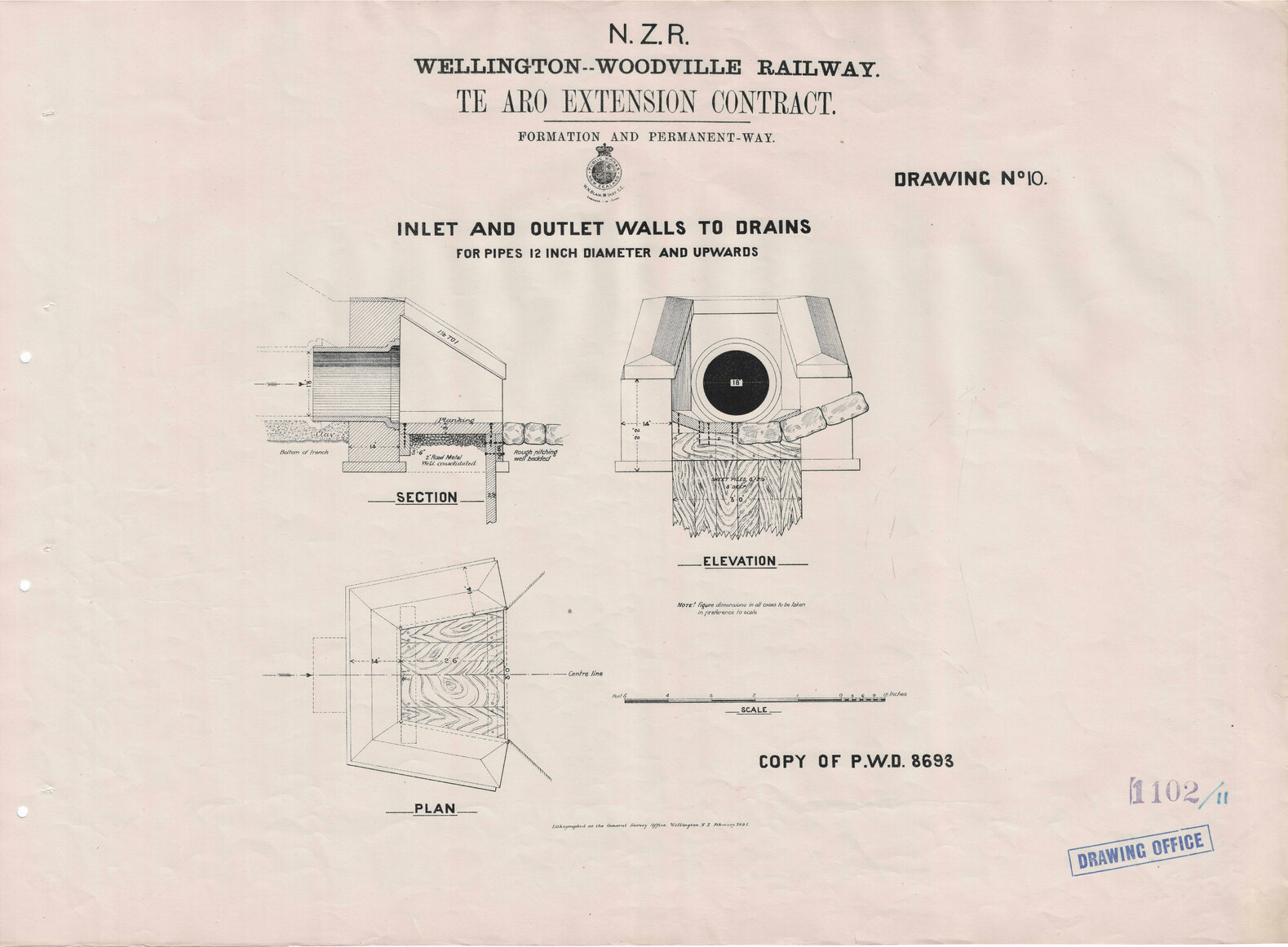 New Zealand Railways, Wellington - Woodville Railway, Te Aro Extension Contract, Formation and Permanent Way, Drawing 10, inlet and outlet walls to drain
