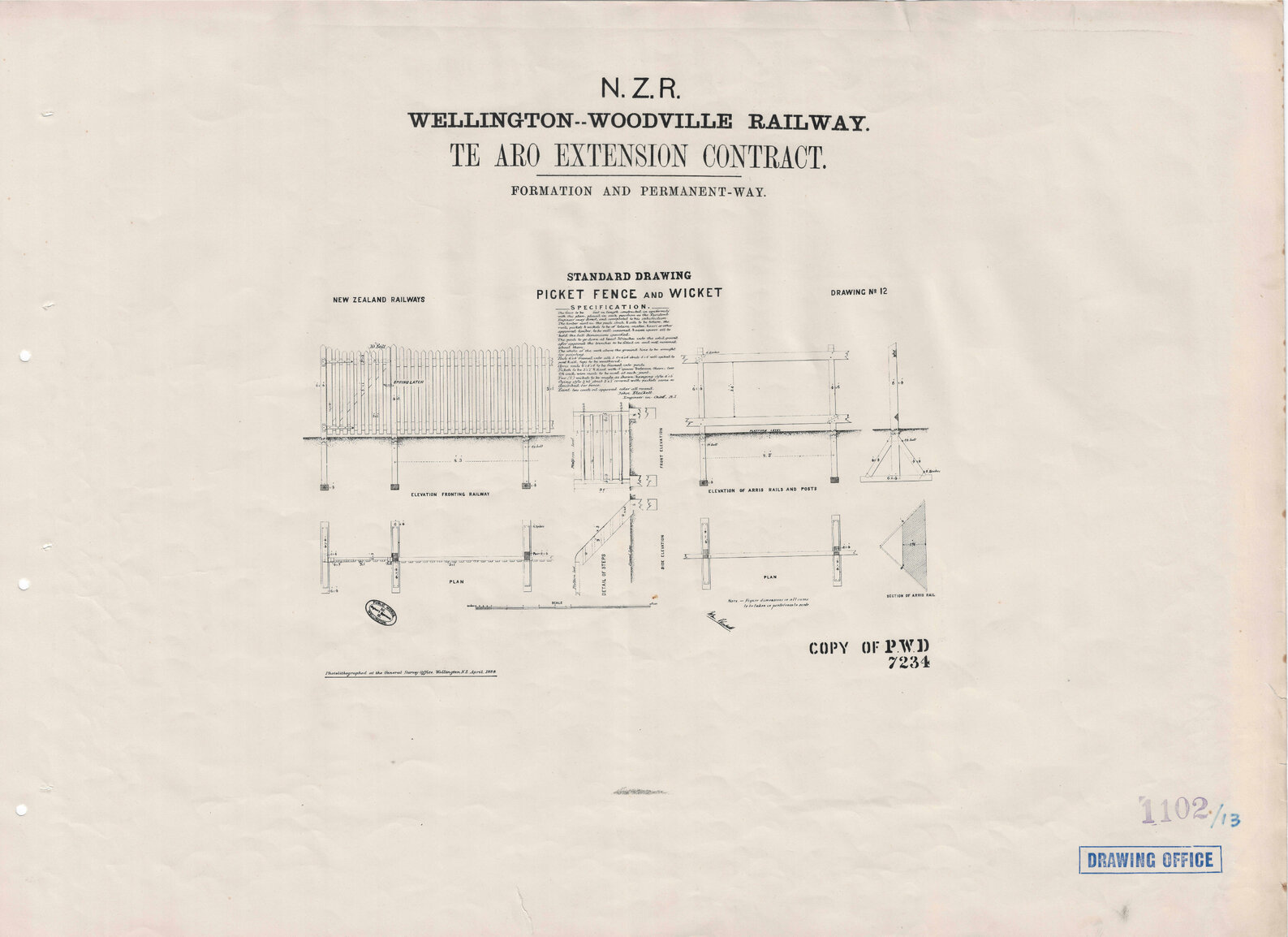 New Zealand Railways, Wellington - Woodville Railway, Te Aro Extension Contract, Formation and Permanent Way, Drawing 12, standard drawing, picket fence and wicket