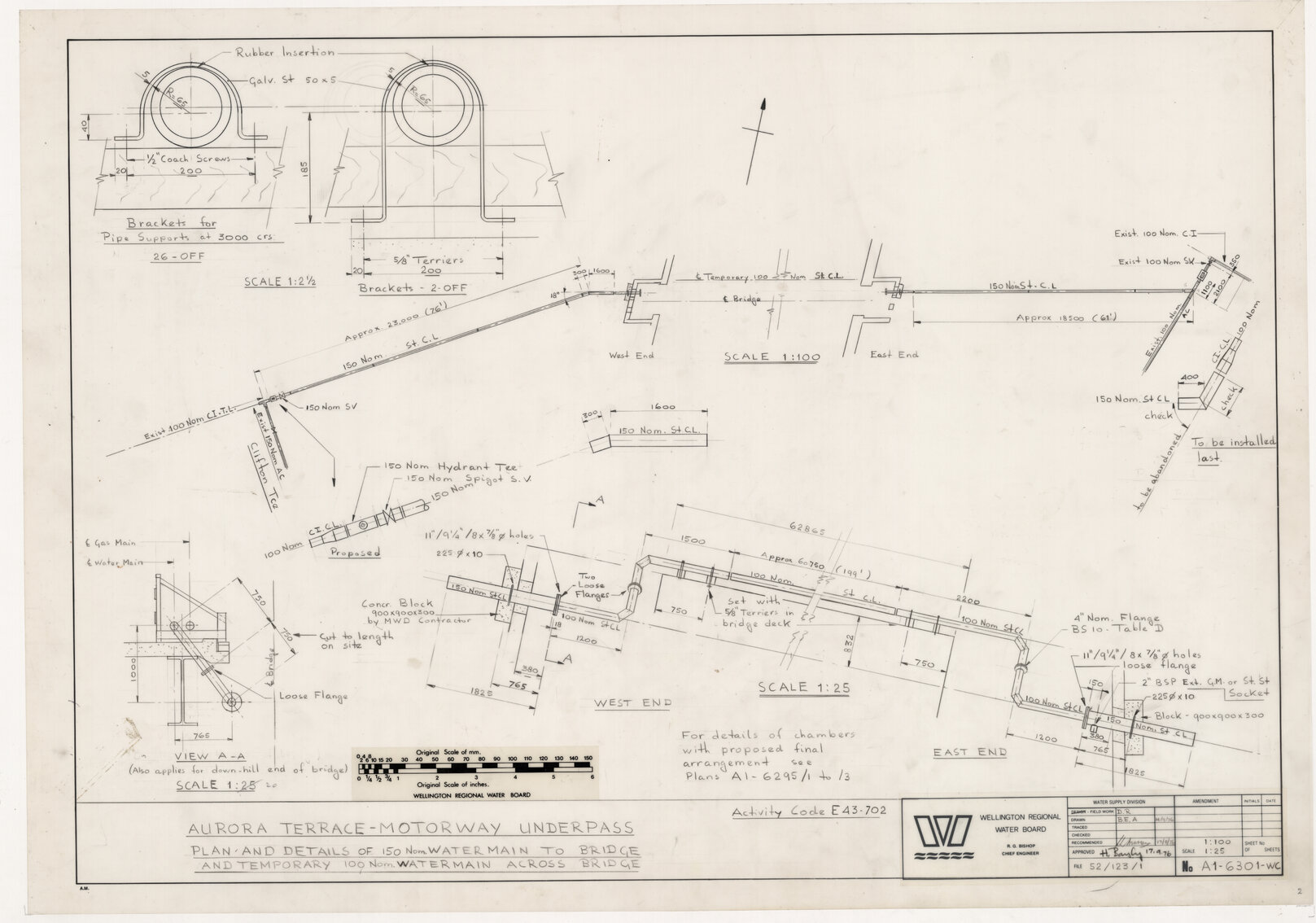 Aurora Terrace Motorway Underpass, Plans and Details 150 NOM Watermain to Bridge and Temporary 100 NOM Watermain across Bridge