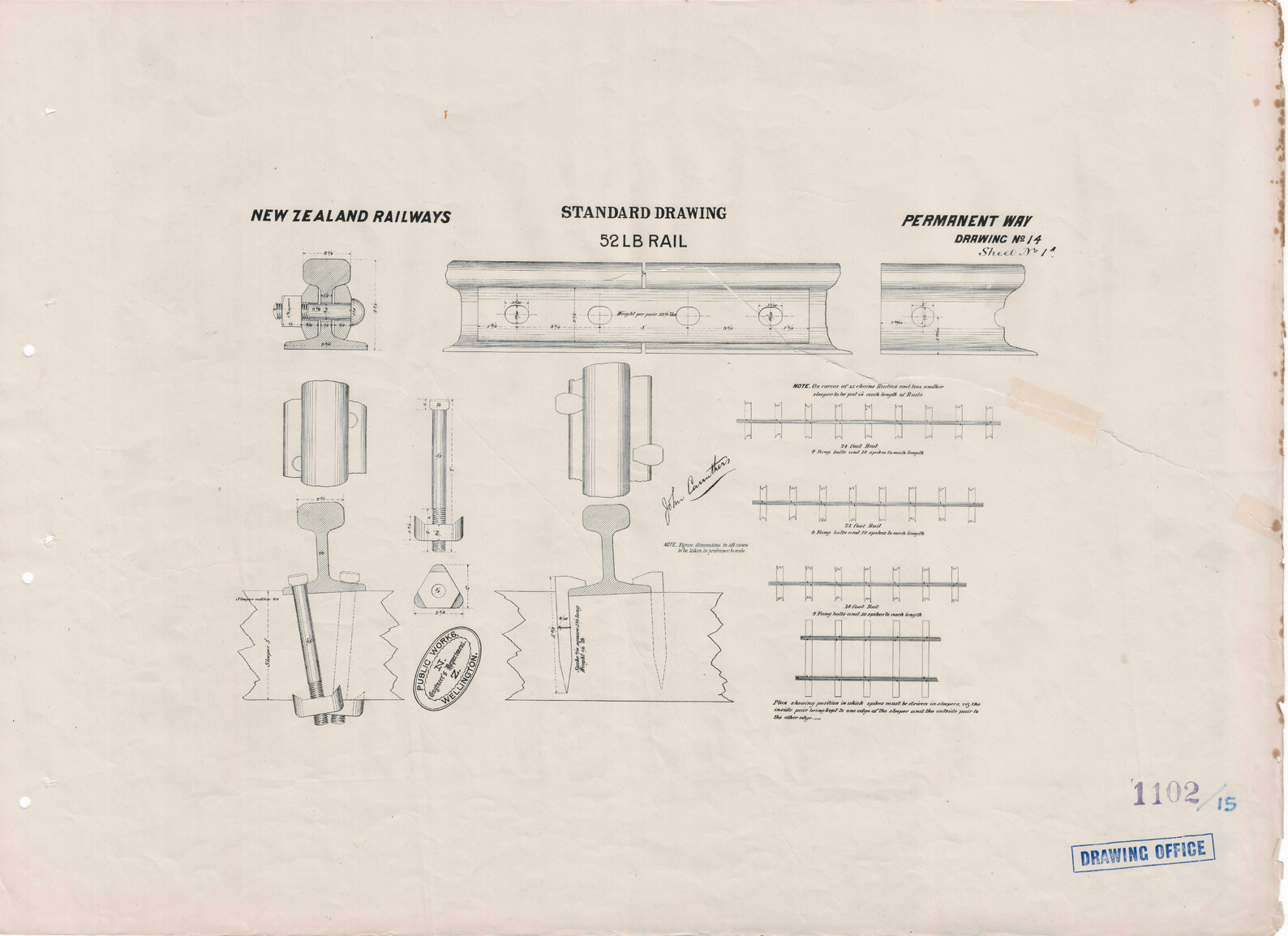 New Zealand Railways, Wellington - Woodville Railway, Te Aro Extension Contract, Formation and Permanent Way, Drawing 14 Sheet 1a, standard drawing, 53 Lbs rail