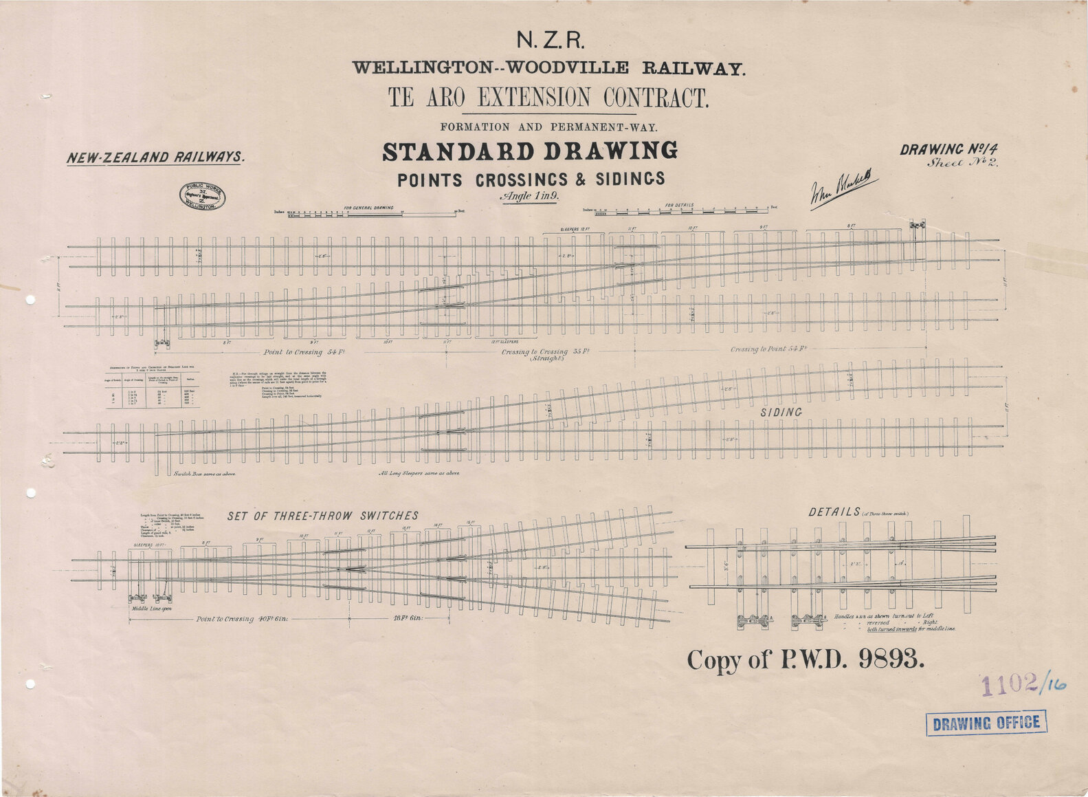 New Zealand Railways, Wellington - Woodville Railway, Te Aro Extension Contract, Formation and Permanent Way, Drawing 14 Sheet 2, standard drawing, points crossings and sidings
