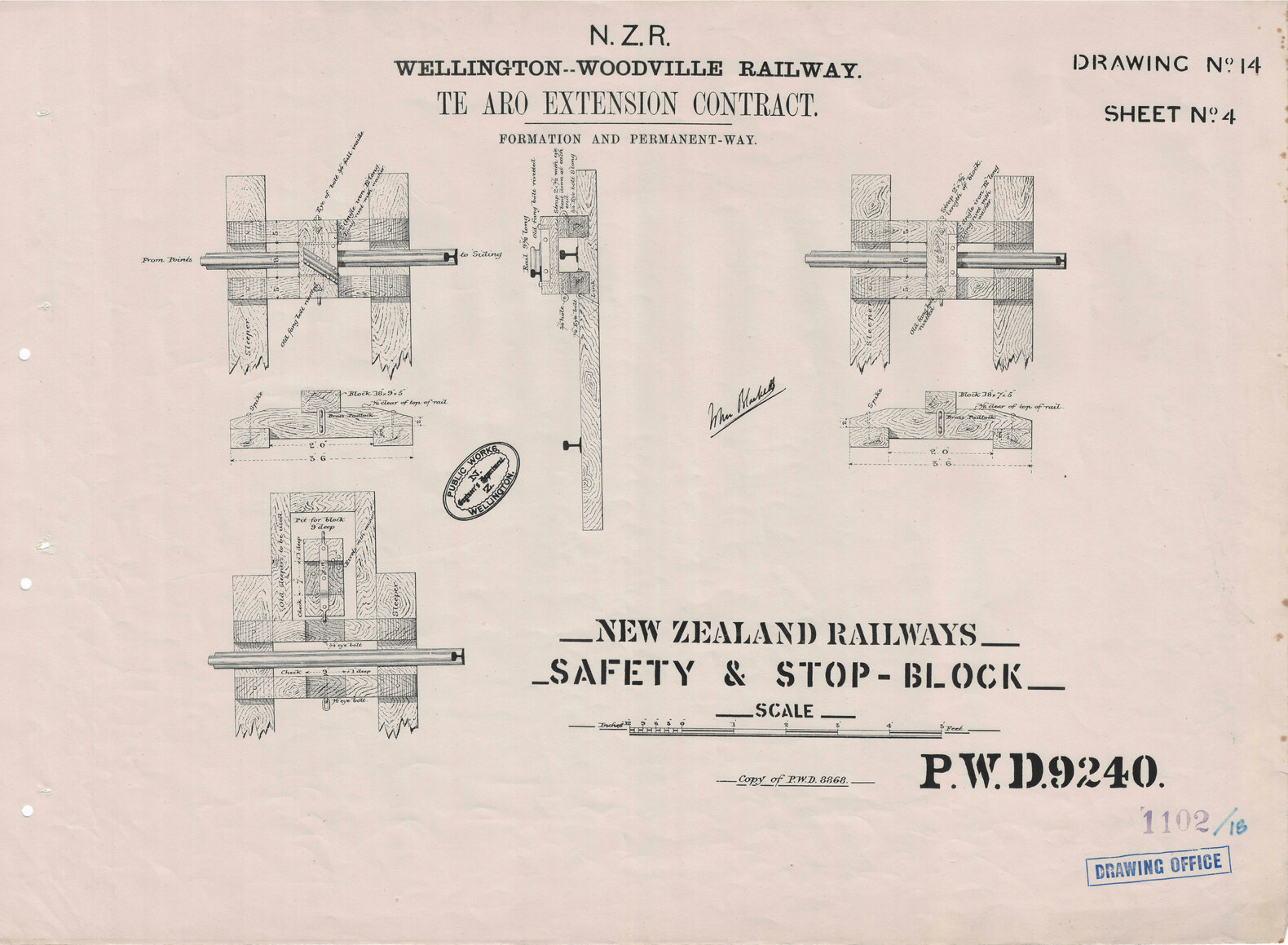 New Zealand Railways, Wellington - Woodville Railway, Te Aro Extension Contract, Formation and Permanent Way, Drawing 4 Sheet 4, safety and stop block
