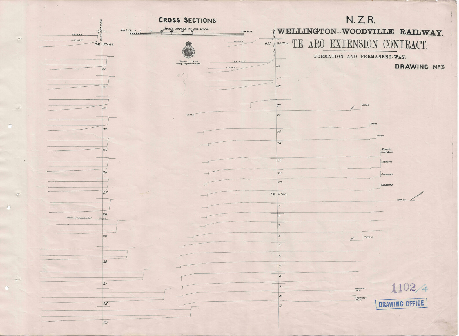 New Zealand Railways, Wellington - Woodville Railway, Te Aro Extension Contract, Formation and Permanent Way, Drawing 3, Cross Sections