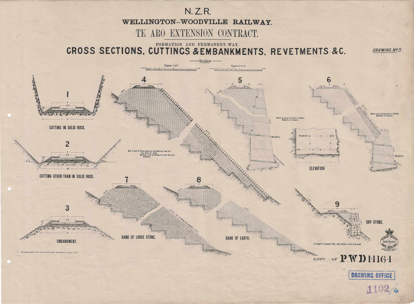New Zealand Railways, Wellington - Woodville Railway, Te Aro Extension Contract, Formation and Permanent Way, Drawing 5, Cross Sections, Cuttings and Embankments, Revetments &amp;c