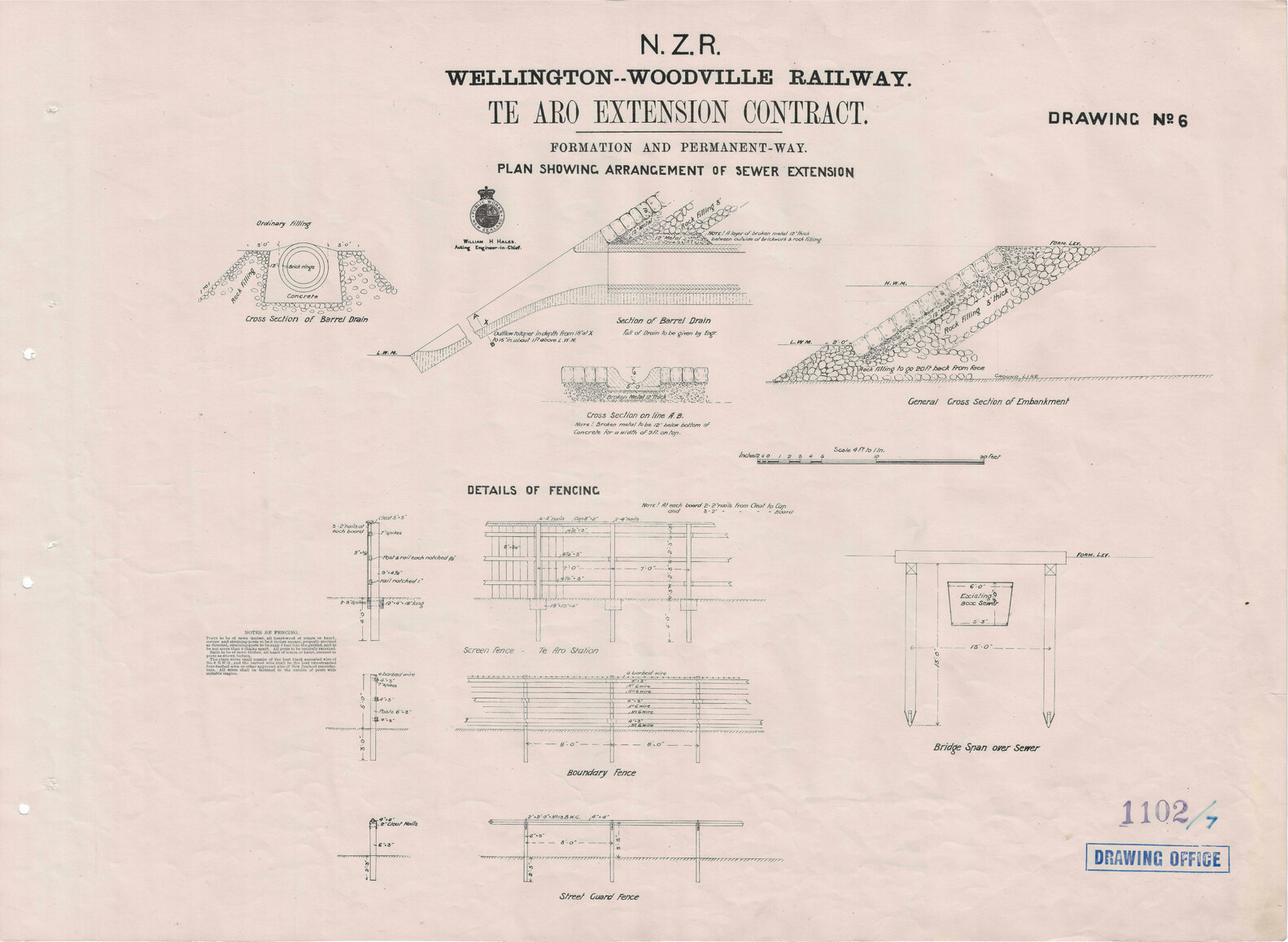 New Zealand Railways, Wellington - Woodville Railway, Te Aro Extension Contract, Formation and Permanent Way, Drawing 6, showing arrangement of sewer extension