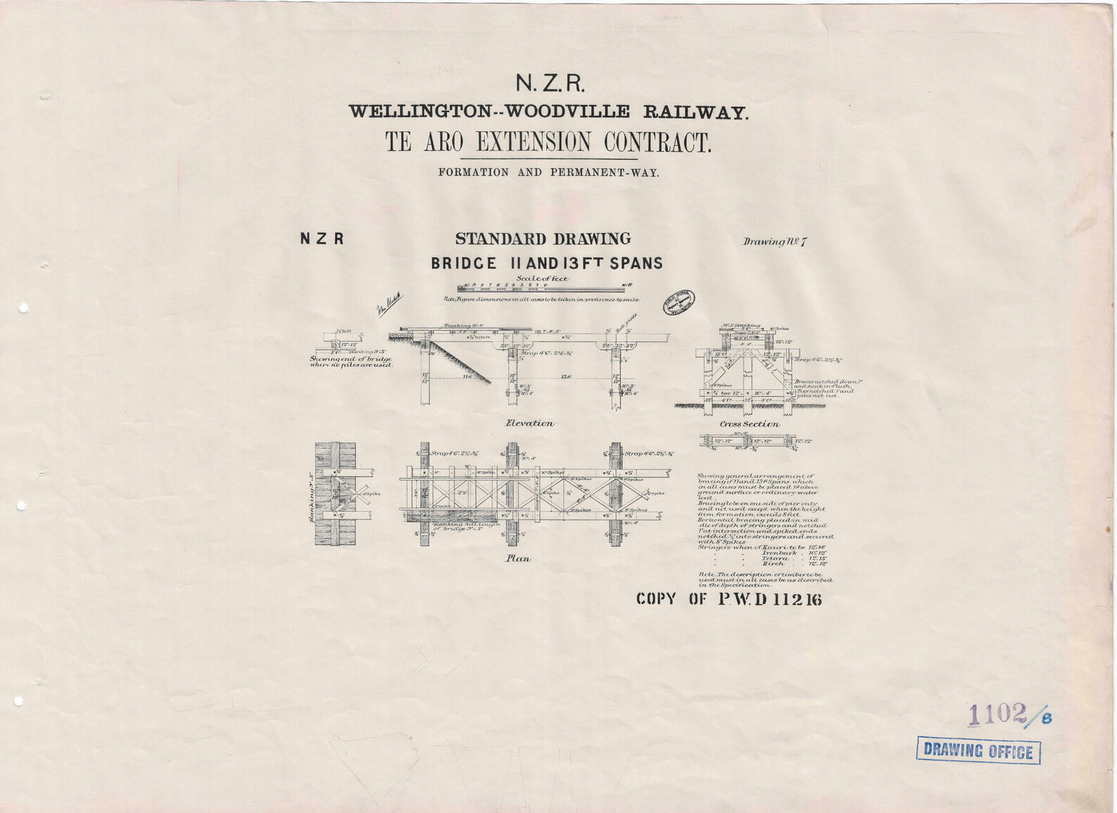 New Zealand Railways, Wellington - Woodville Railway, Te Aro Extension Contract, Formation and Permanent Way, Drawing 7, standard drawing, bridge, 11 and 13 foot spans