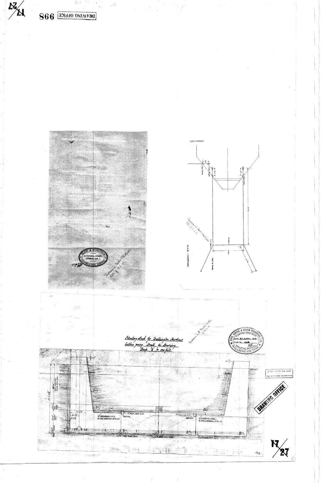 Floating Dock - Outline cross section showing draught, also sketches showing moorings