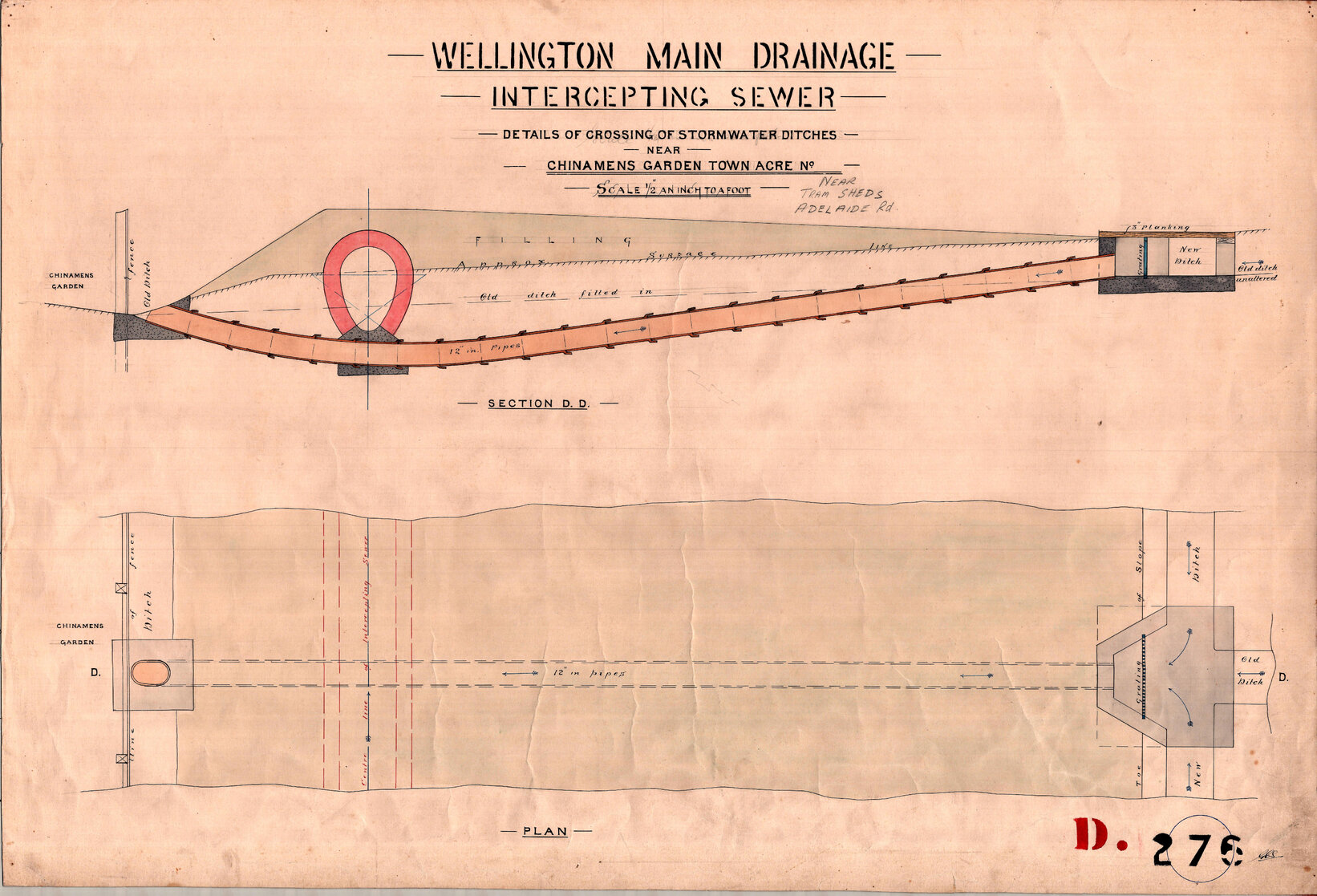 Wellington Main Drainage, intercepting sewer, details of crossing of stormwater ditches, near Chinamen's [Chinese] Garden, near tram sheds in Adelaide Road