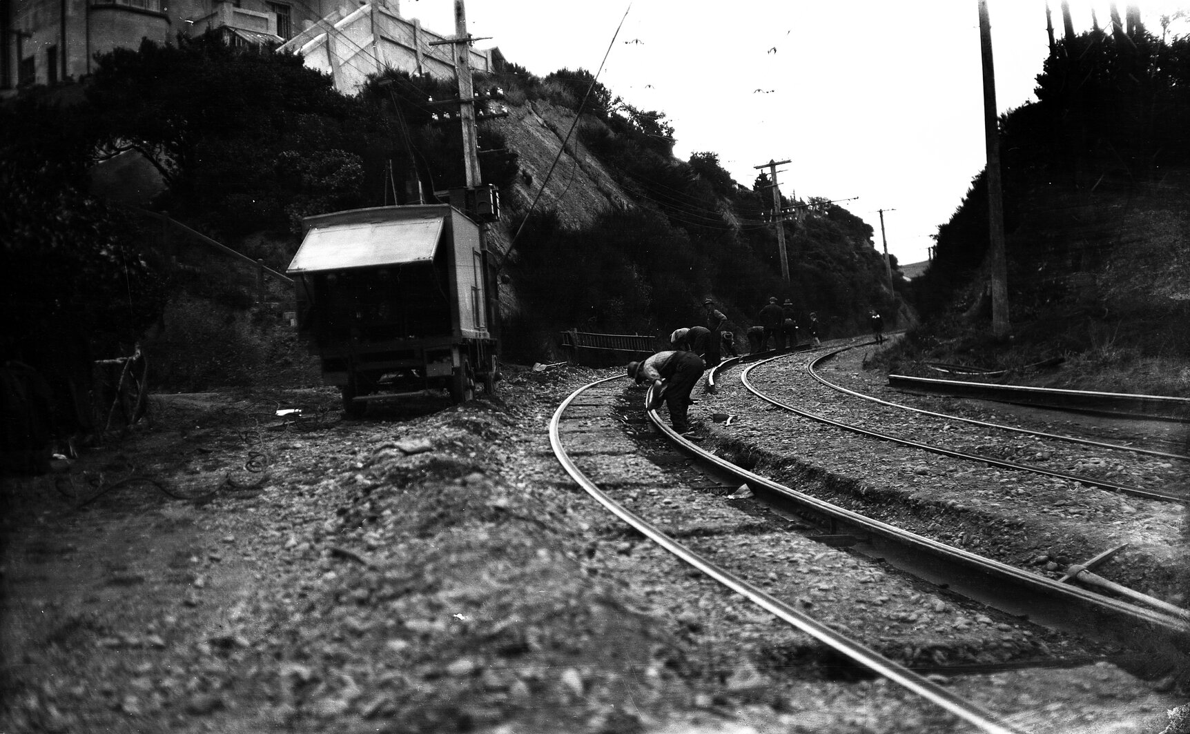 Wadestown, workmen working on tram tracks