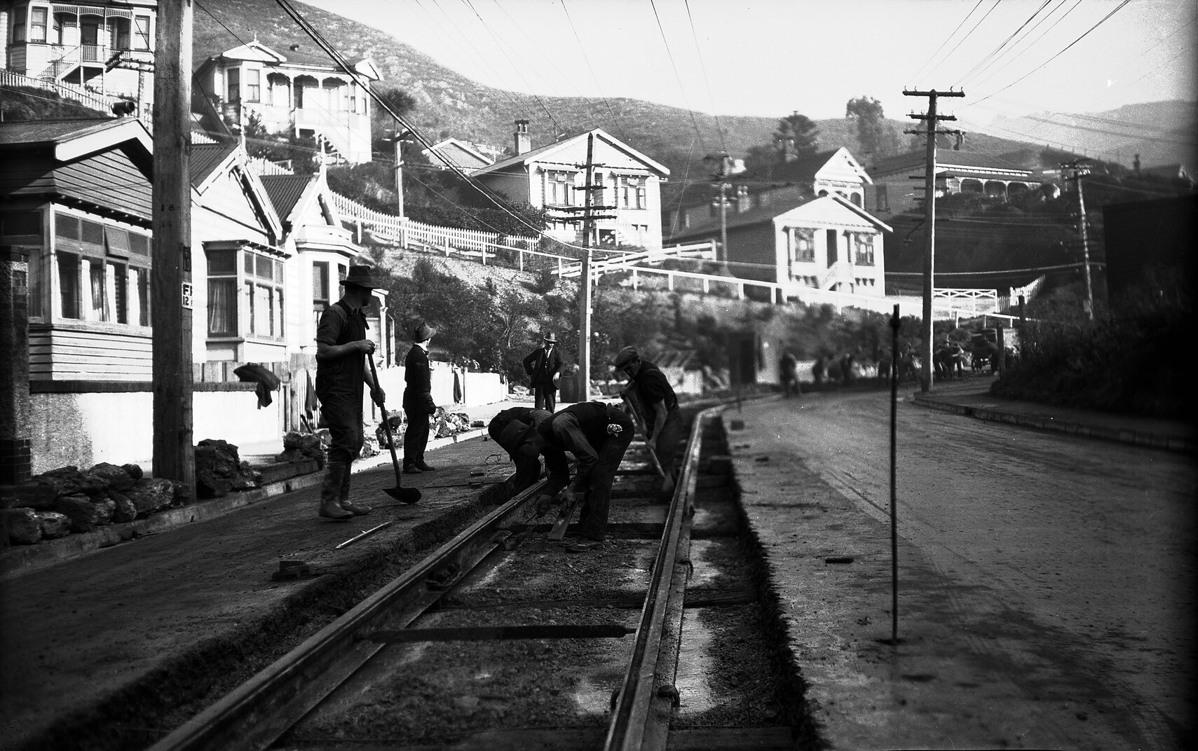 Aro Street, workmen working on tram tracks