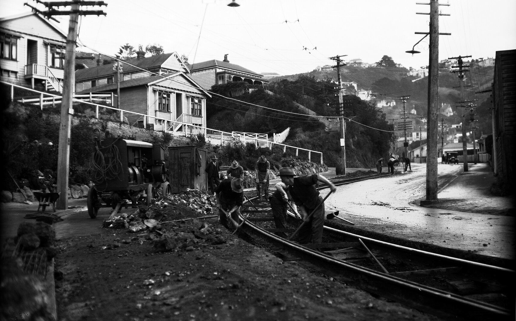 Aro Street, workmen working on tramlines