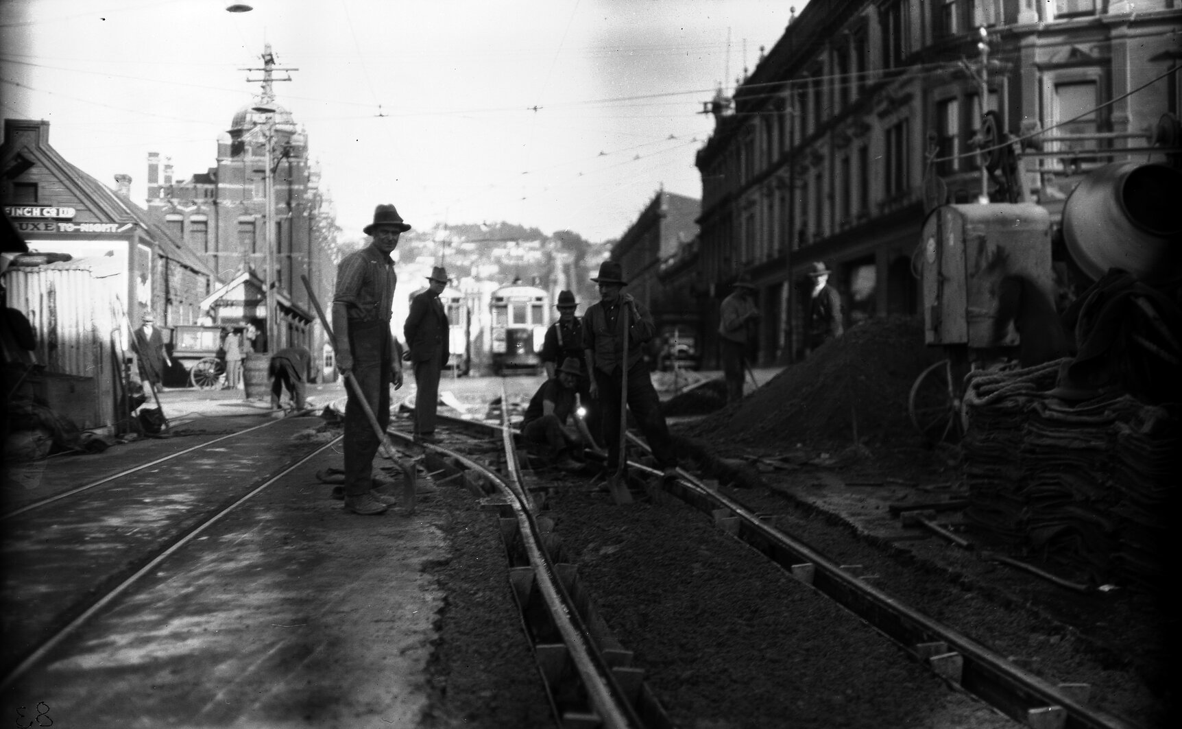 Lambton Junction, workmen laying new crossover as part of tram line extension