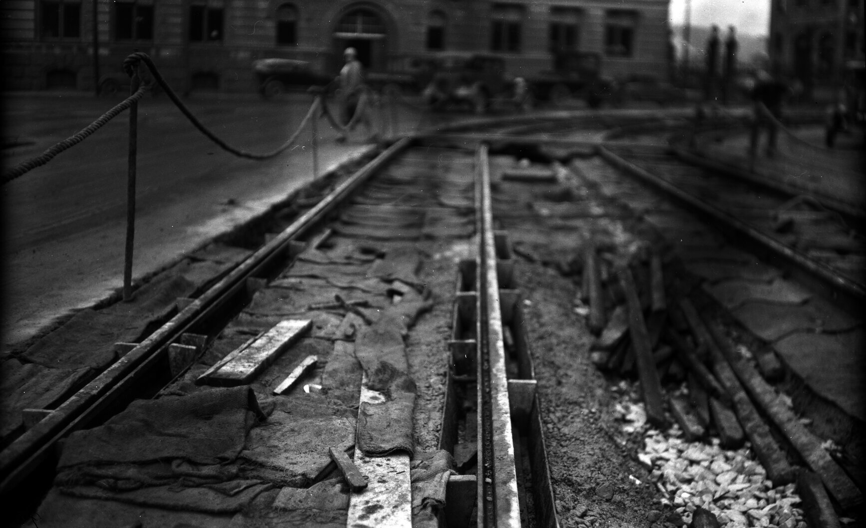 Whitmore Street, newly laid tram rails prior to concreting