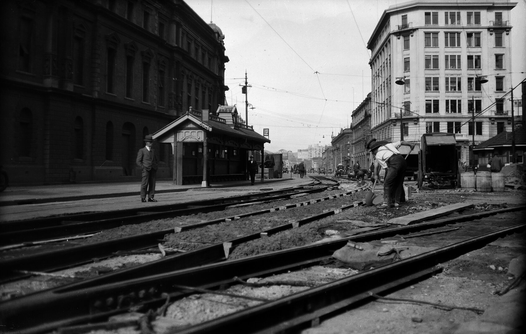 Customhouse Quay, workmen working on tram tracks