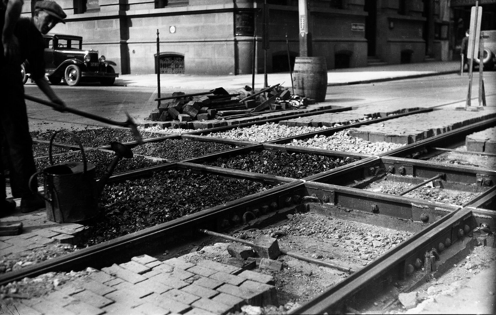 Corner of Hunter Street and Customhouse Quay, special piece of tram rail in place at junction