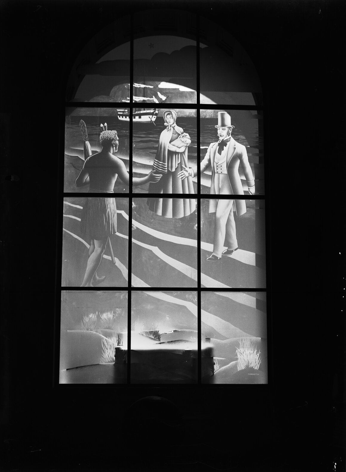 Photograph of window art, depicting arrival of European settlers