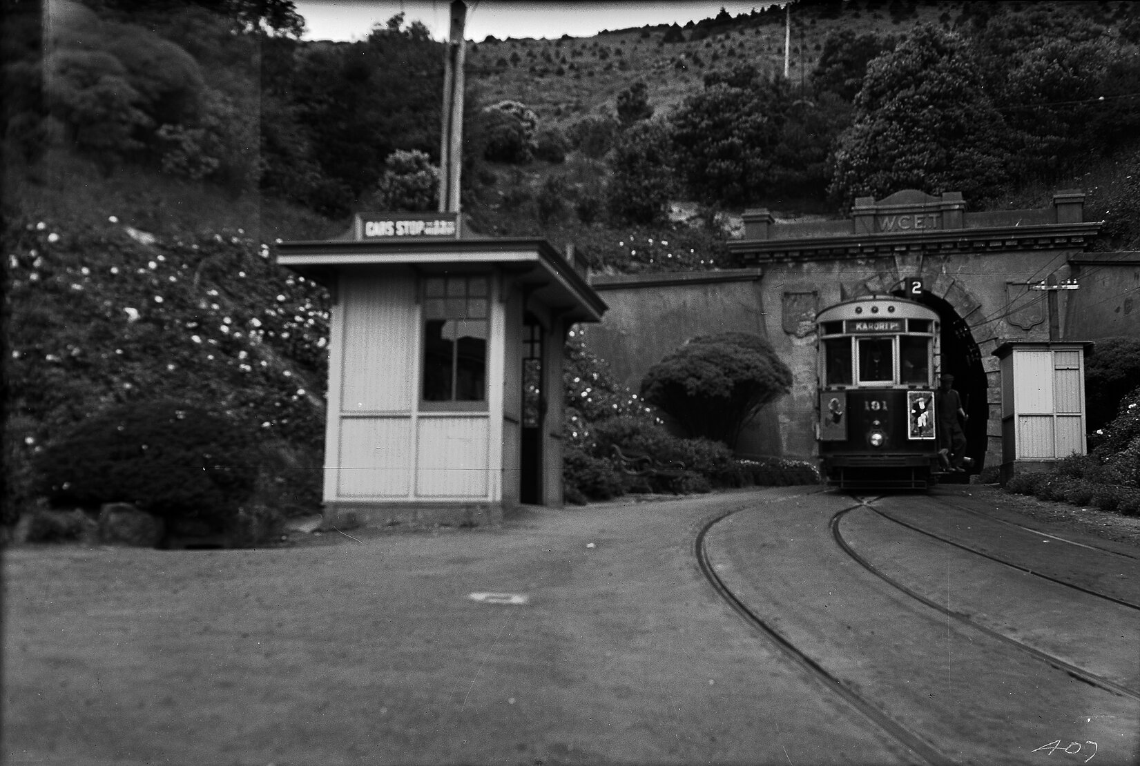 Karori Park bound Tramcar, no.191 emerging from Hataitai Tunnel, City Portal