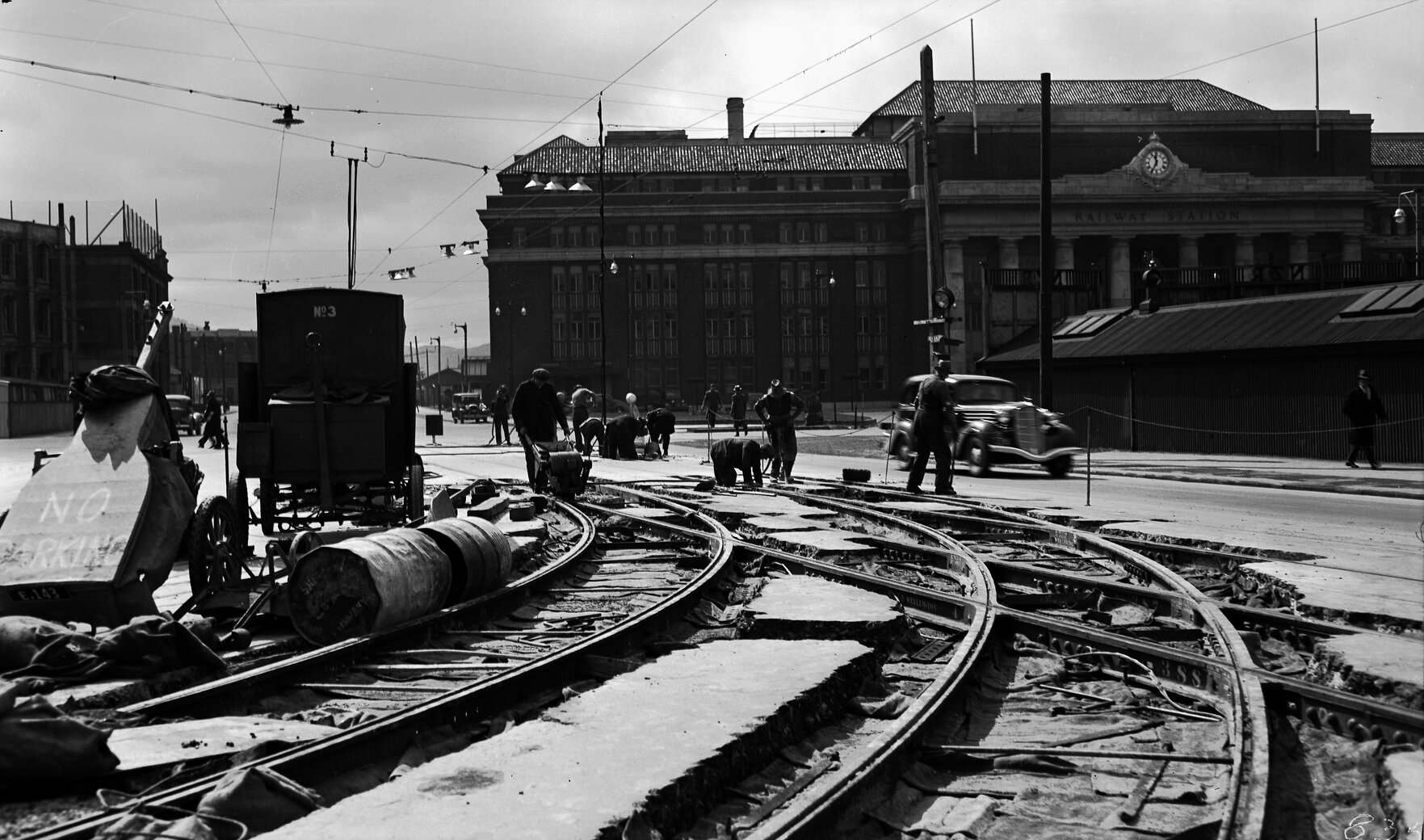 Workmen constructing Tram Track, Stout Street