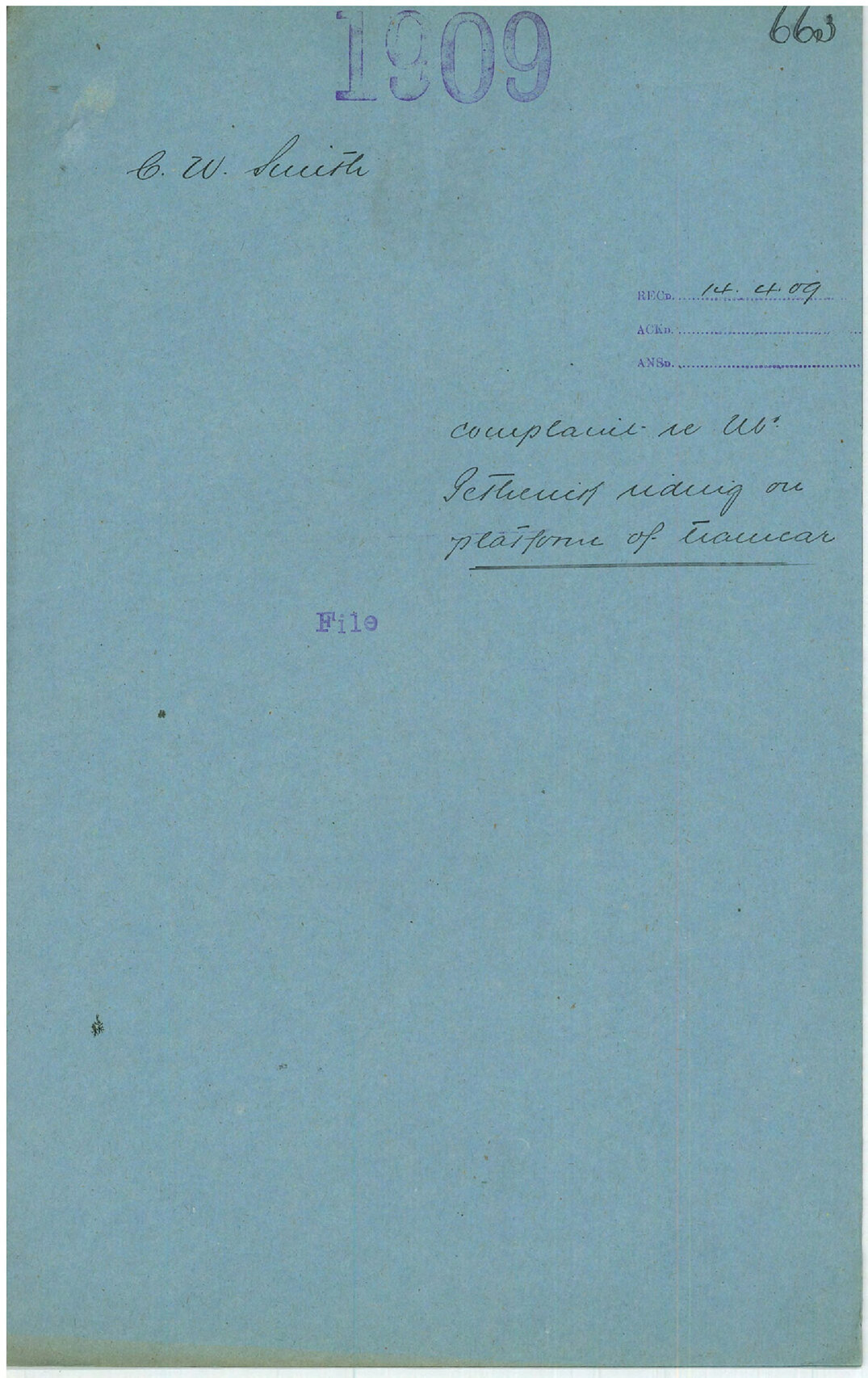 Complaint re Mr Petherick riding on platform of tramcar - C W Smith