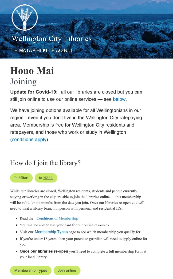 Wellington City Libraries membership page