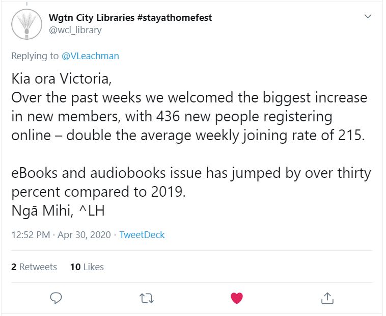Tweet - Wellington City Libraries response about membership during COVID-19