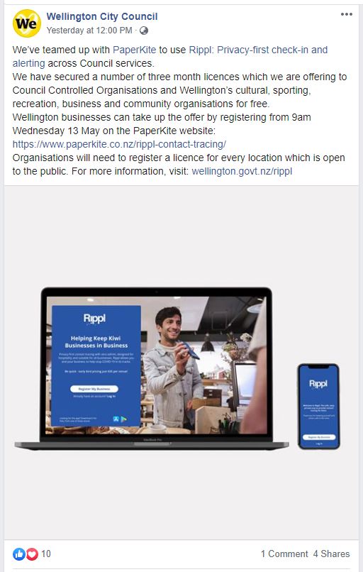 Facebook post - WCC about Rippl contact tracing app during COVID-19