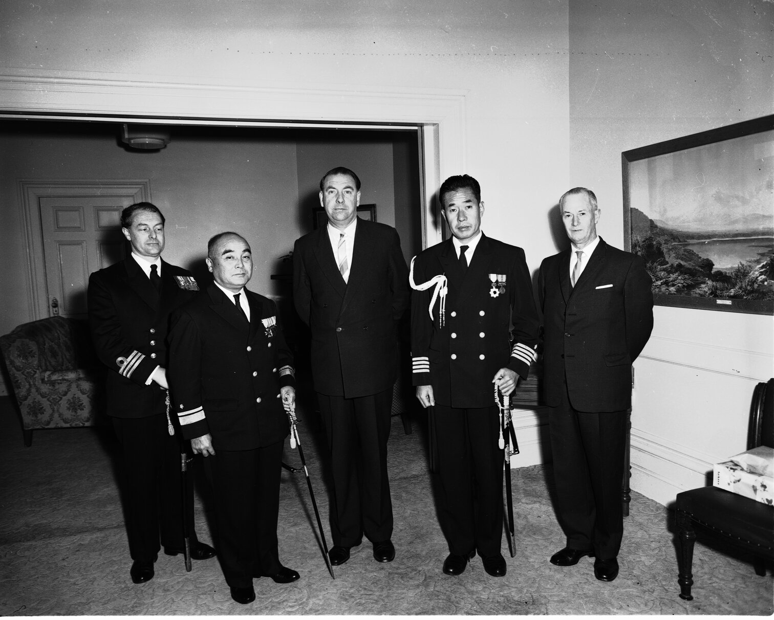 Mayor Frank Kitts with Admiral Nagai, Japanese Defence Squadron. Mayoral Reception Rooms.