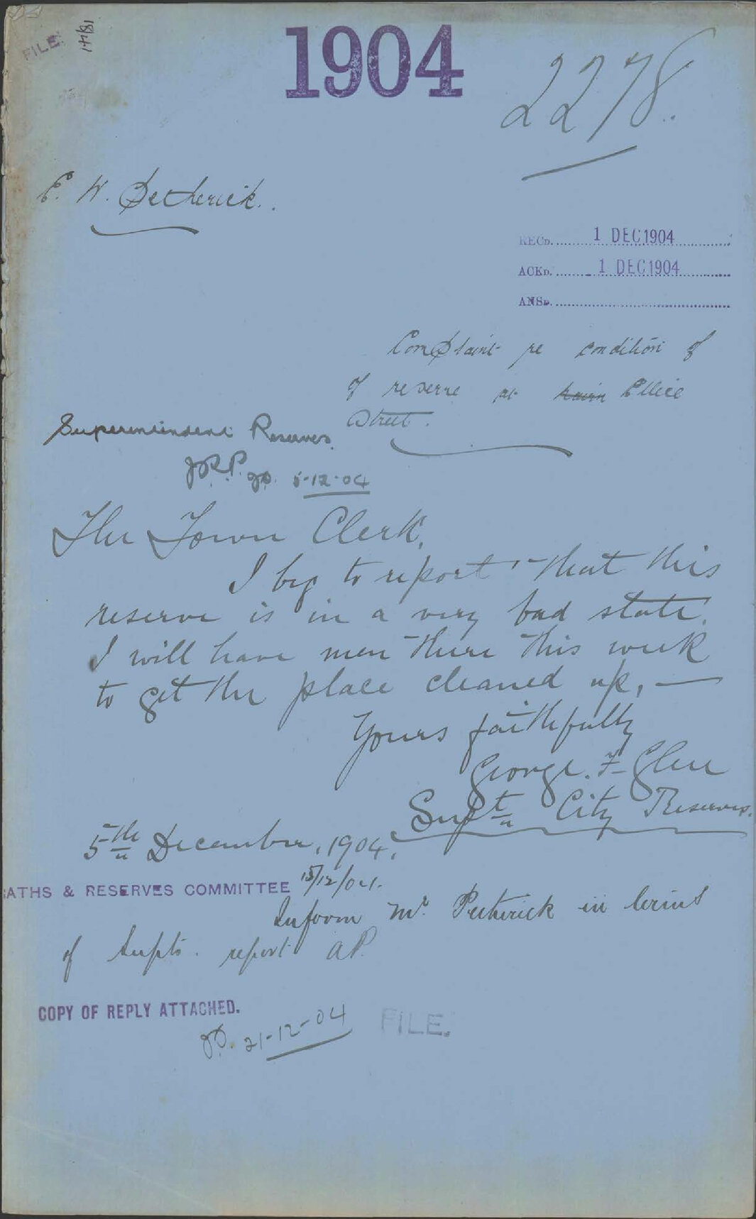 Complaint re condition of reserve at Ellice Street - E W Petherick