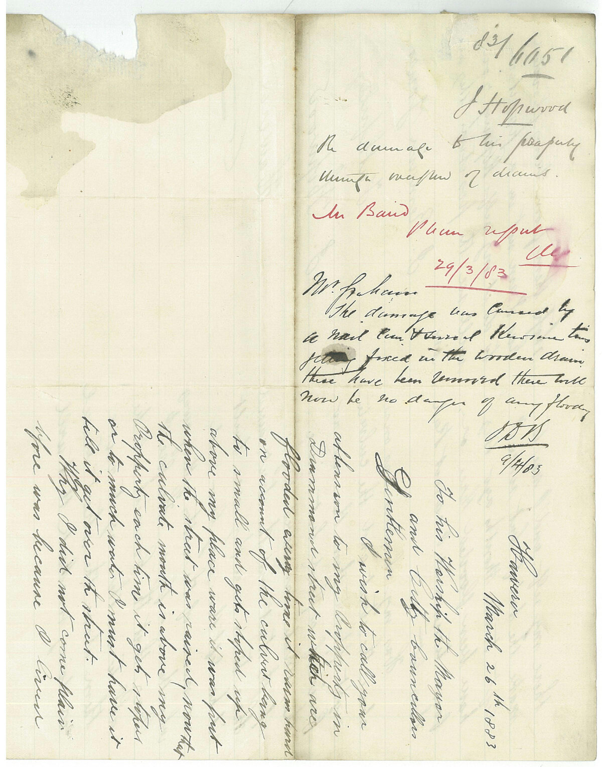 Damage to his property through overflow of drains - J Hopwood