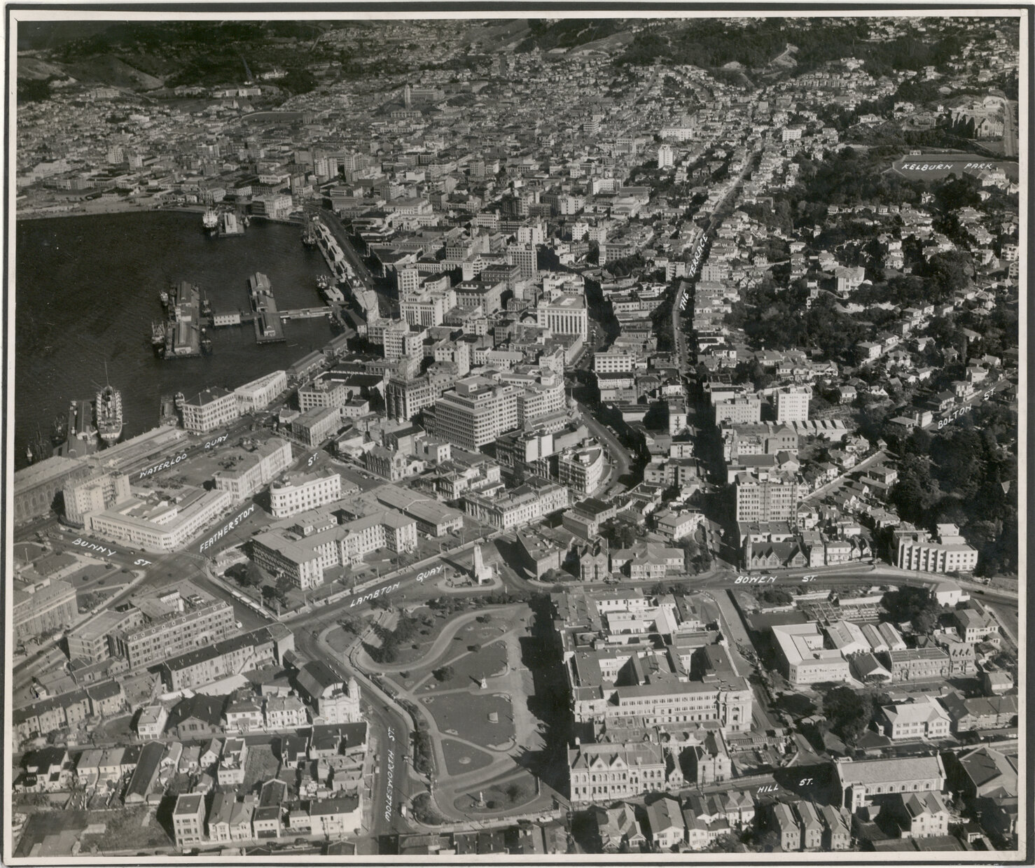 Aerial View of Wellington 1947, City, Parliament buildings to Newtown